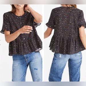 Madewell Studio Cotton Peplum Ruffle-Hem Top in Starry Night Size Large